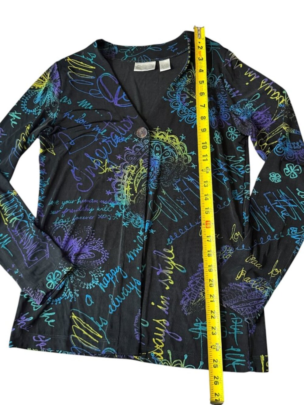 Chico's Travelers Black Peace Love Happiness Cardigan Jacket Top Wearable Art - Picture 6 of 10